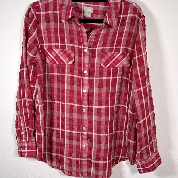Chico's Tops - Chicos red plaid semi-sheer top size 2 large 12/14